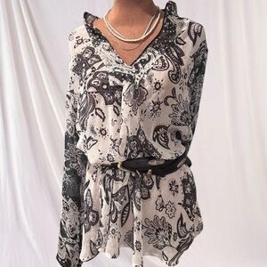 Vintage Y2K * JohnPaulRichard Black and Cream Paisley Sheer Tunic Blouse